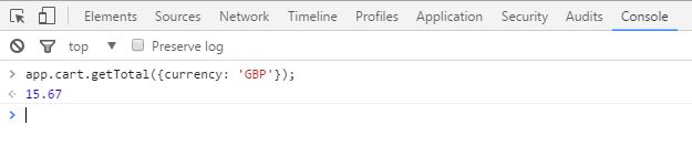 Screenshot of the DevTools console using a public function to get a cart's total in GBP
