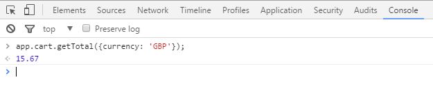 Screenshot of the DevTools console using a public function to get a cart's total in GBP